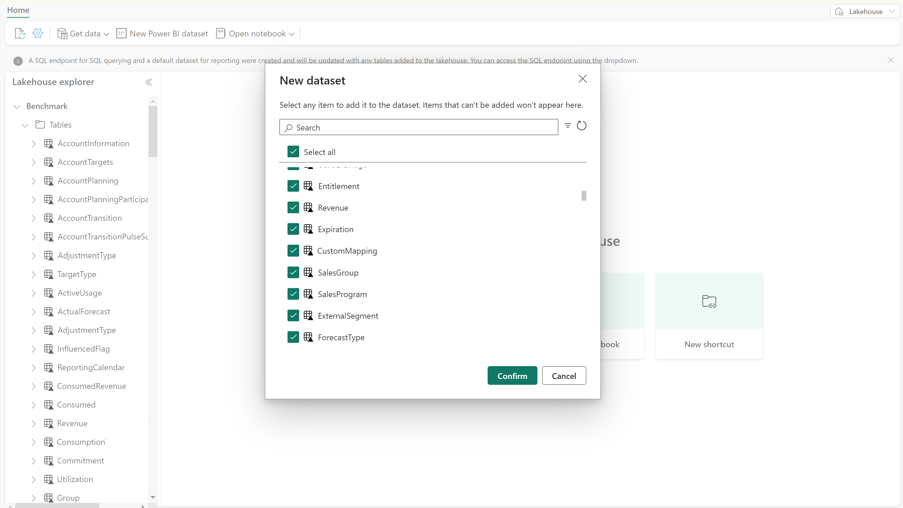 Screenshot of the Direct Lake mode for Power BI datasets on Lakehouses experience. In this screenshot, they are selecting the tables to be included in the new Power BI dataset. 