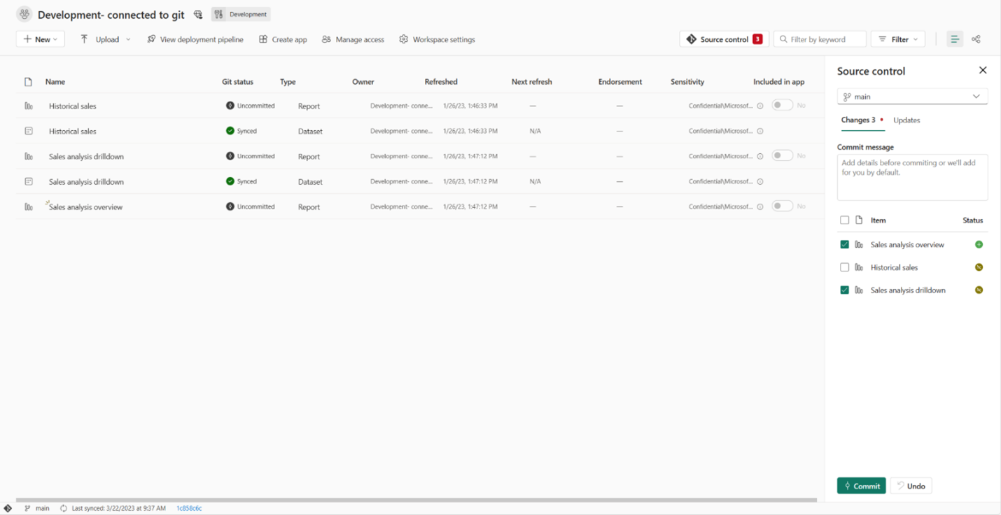 Screenshot of the Git integration, showing how to connect a workspace to Azure DevOps repositories to track changes, revert to previous versions, and merge updates. 