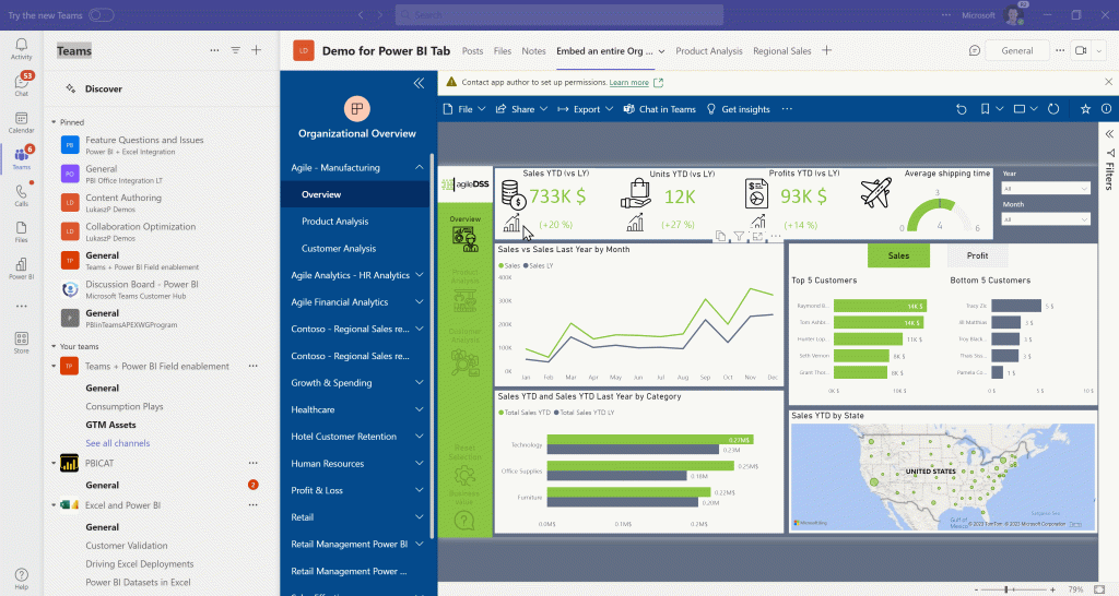 Animated GIF showing that links in Power BI tab can open specific content within an organizational app.