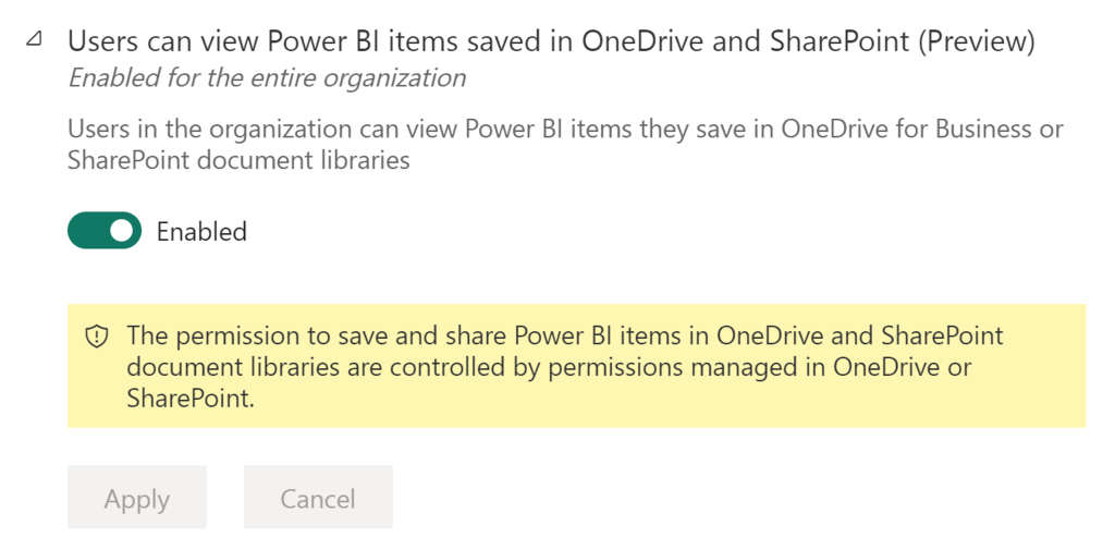 Admin setting: Users can view Power BI items saved in OneDrive and SharePoint (Preview)