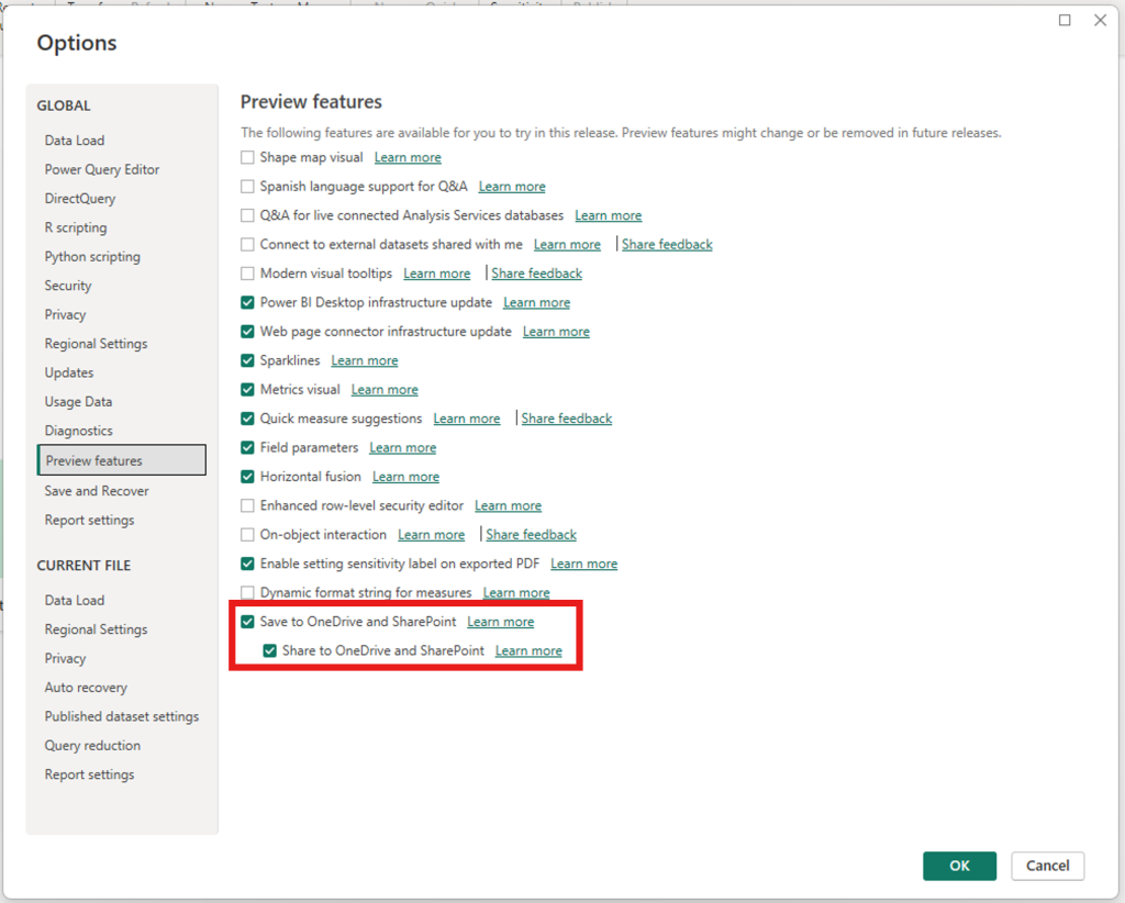 Preview settings for save and share in Power BI Desktop