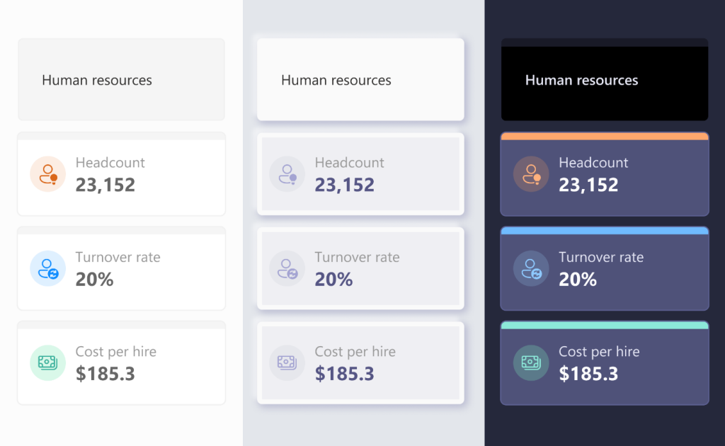 This image displays three different styles that can be created using various format settings for the card visual. The top card shows the title of the group ('Human Resources'), with three individual cards below it ('Headcount', 'Turnover Rate', and 'Cost per Hire'), each with their own value, title, and icon. The left style is simple and clean, with no special effects. The middle style is more modern, while the right style is dark.