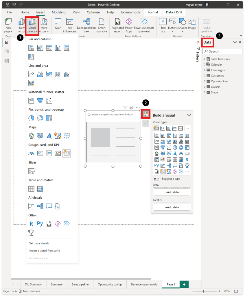 A screenshot of Power BI Desktop displaying three sources to create the new card visual: the top banner, the canvas on-object, and the left build pane.