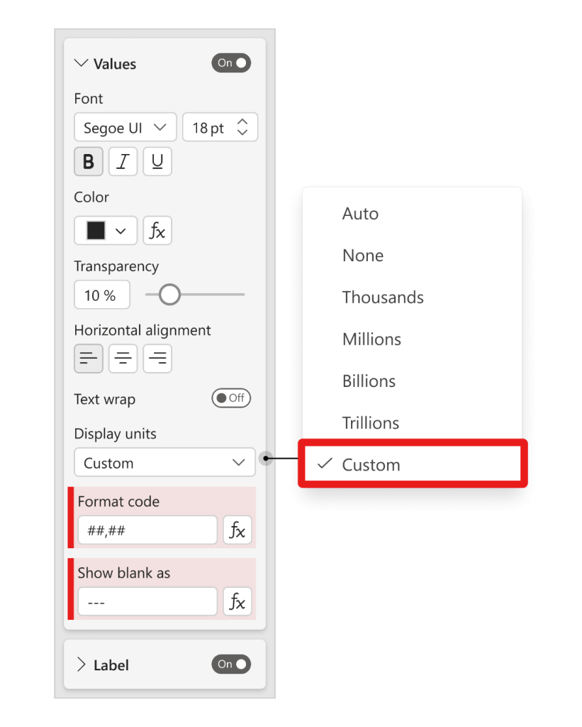 This image displays the Display units dropdown in the formatting settings for the card visual. The 'Custom' option is selected, and a new setting called 'Format code' is visible, allowing users to enter custom codes. Additionally, the 'Show as blank as' option is highlighted.