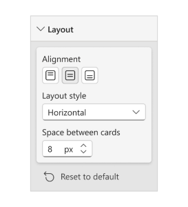 This image displays the Layout section of the formatting settings for the card visual. There are three available options: Alignment, Layout style, and Space between cards.