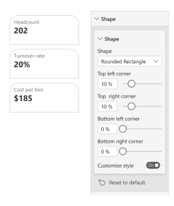 This image displays the format pane with the shape settings for the card visual. The top right and left corners are set to be rounded by 10%, resulting in all cards being rounded only at the top while keeping the bottom two corners squared.