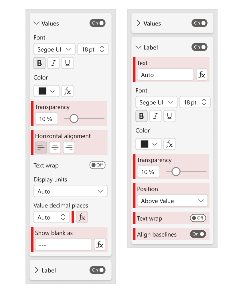 This image displays the new formatting settings for the values and labels of the card visual. Under Values, font transparency, font alignment, conditional formatting for value decimal places, and Show blank as have been added. Under Labels, users can apply conditional formatting to the label text, apply font transparency, change the position, apply text wrap, and align baselines.