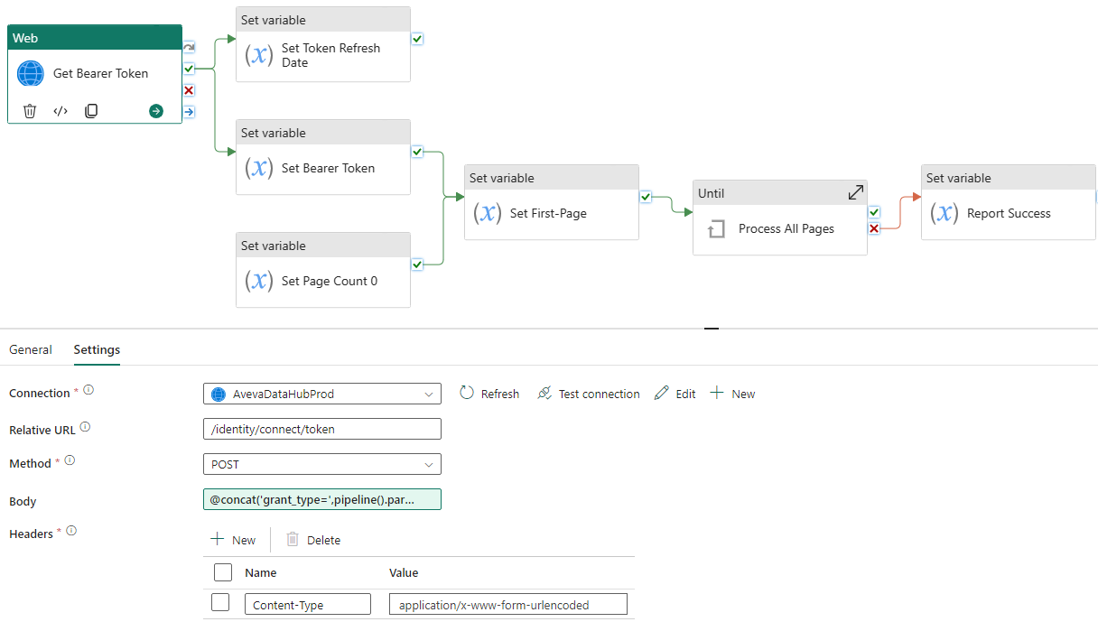 Detailed view of the settings for the Web Activity: Get Bearer Token