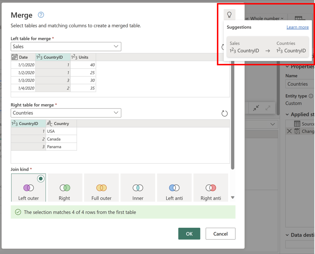 Screenshot of Merge dialog showcasing the suggested pairing of columns for the Sales and Countries tables where they are joined by the CountryID columns in both tables.