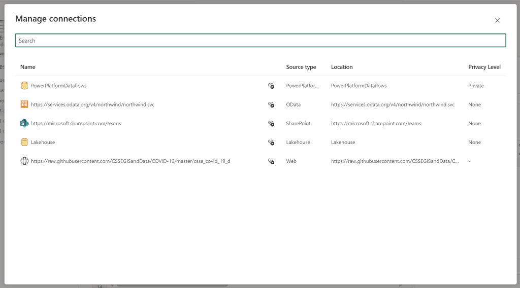 Screenshot of the Manage connections dialog showcasing multiple connections on its page.