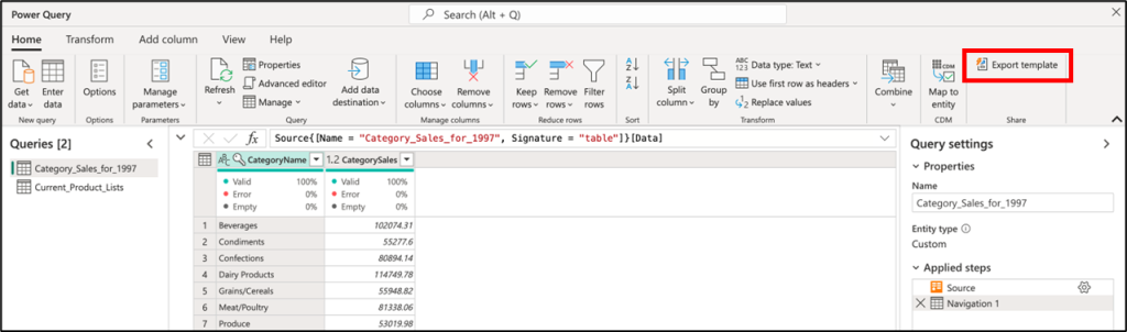 Screenshot that shows the Export Template button located inside the Share group of the Home tab in the ribbon.