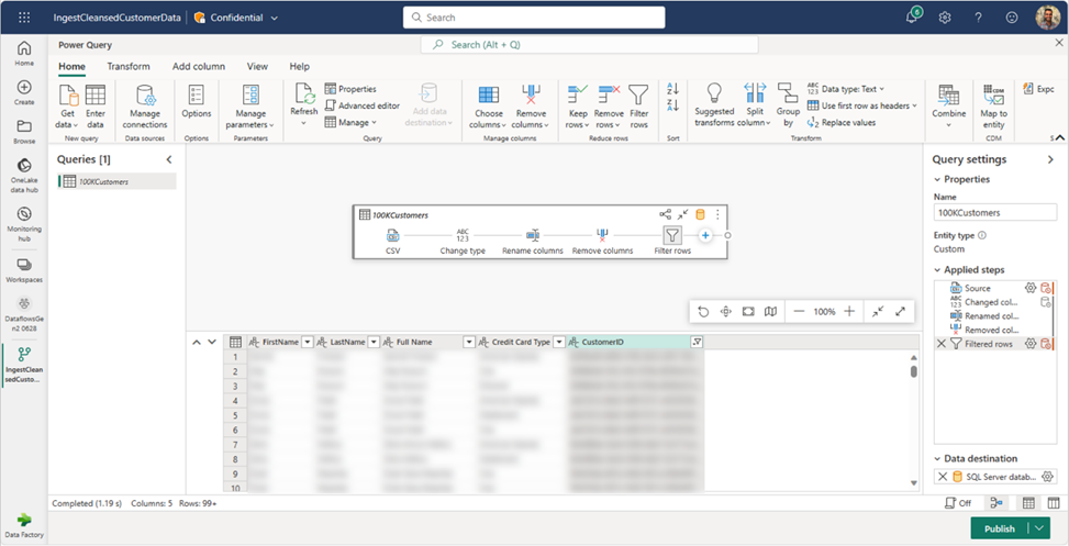 Screenshot of the Power Query editor with Azure SQL Database as the output destination