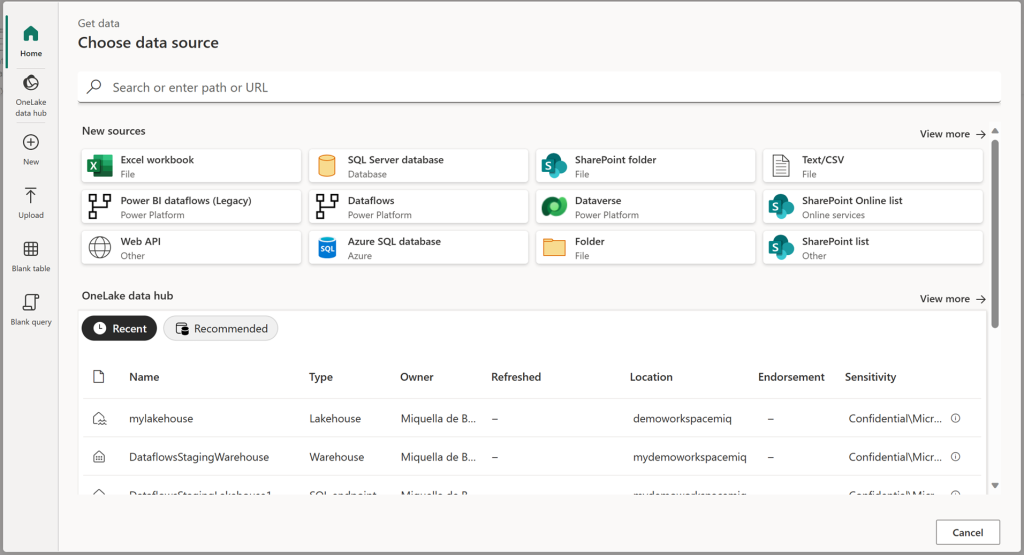 Screenshot of the Home tab for the Modern Get Data experience in Power Query Online