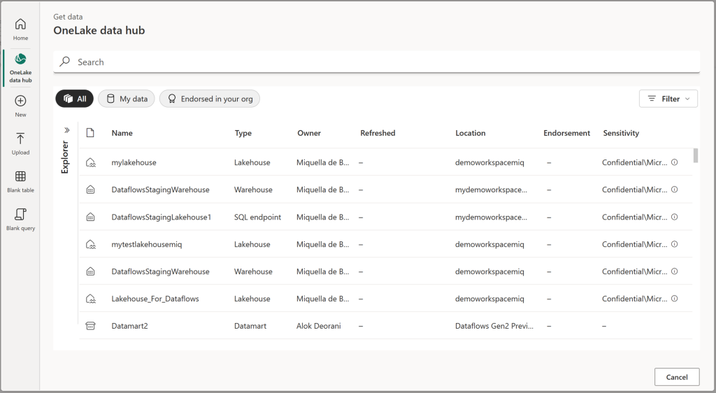 Screenshot of the Onelake data hub module in the modern get data experience