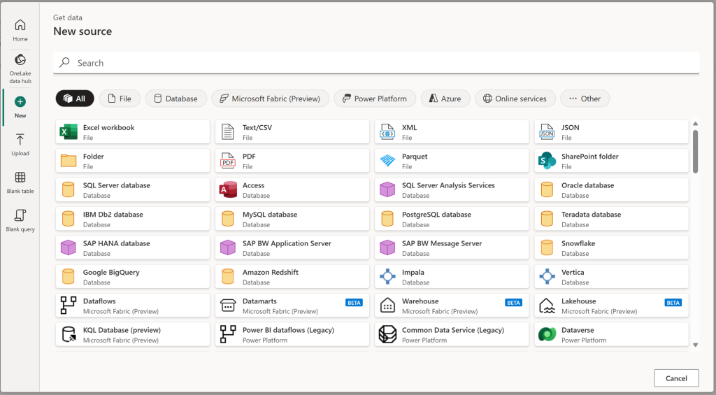 Screenshot of the "New" module for the modern get data experience which features the classic choose data source dialog to find all the connectors available in Power Query Online