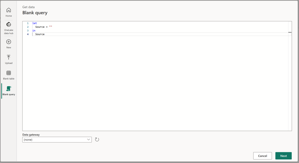 Screenshot of the Blank query module in the modern get data experience