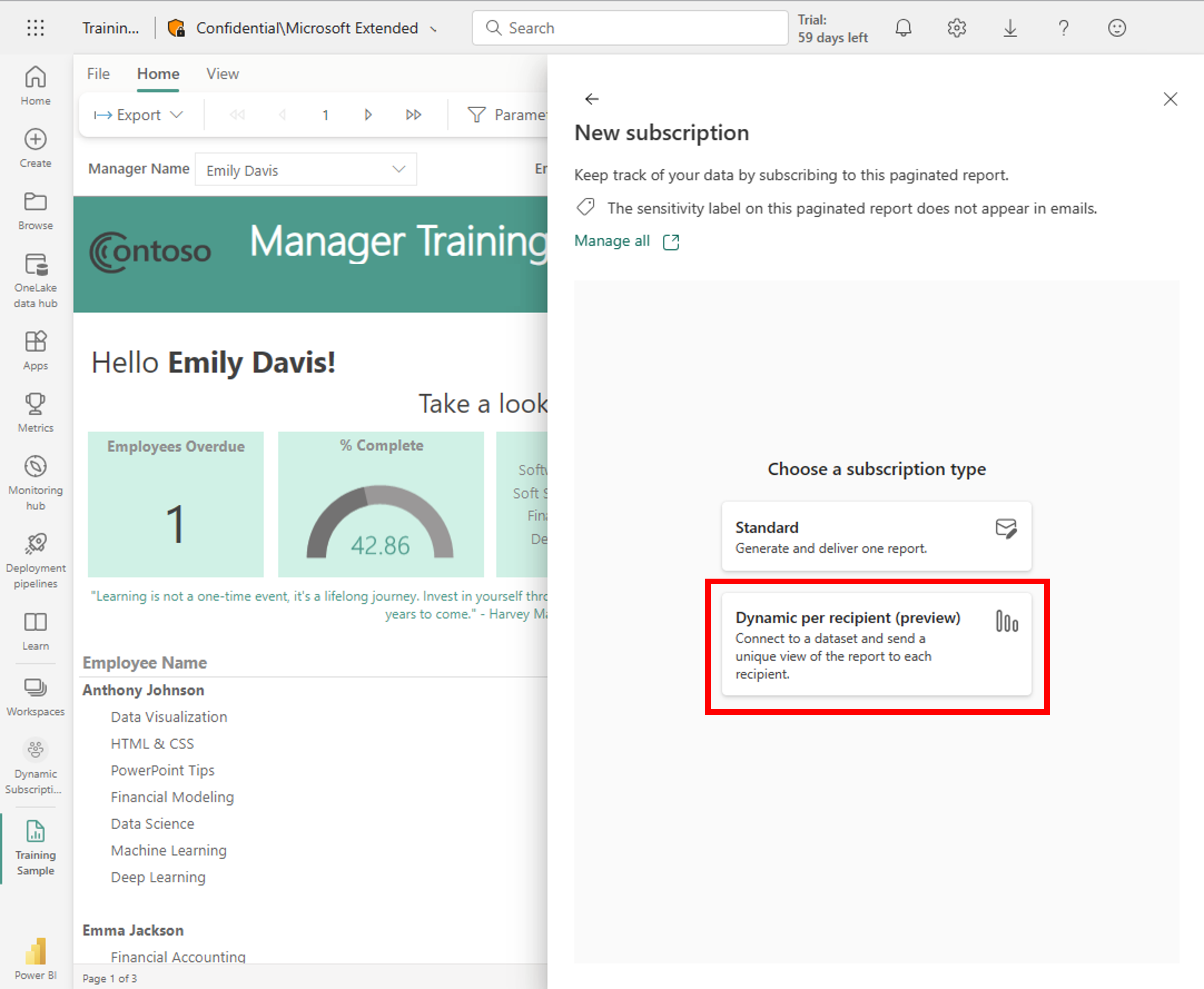 Expanded righthand subscription pane, with the "Dynamic per recipient (preview)" option highlighted