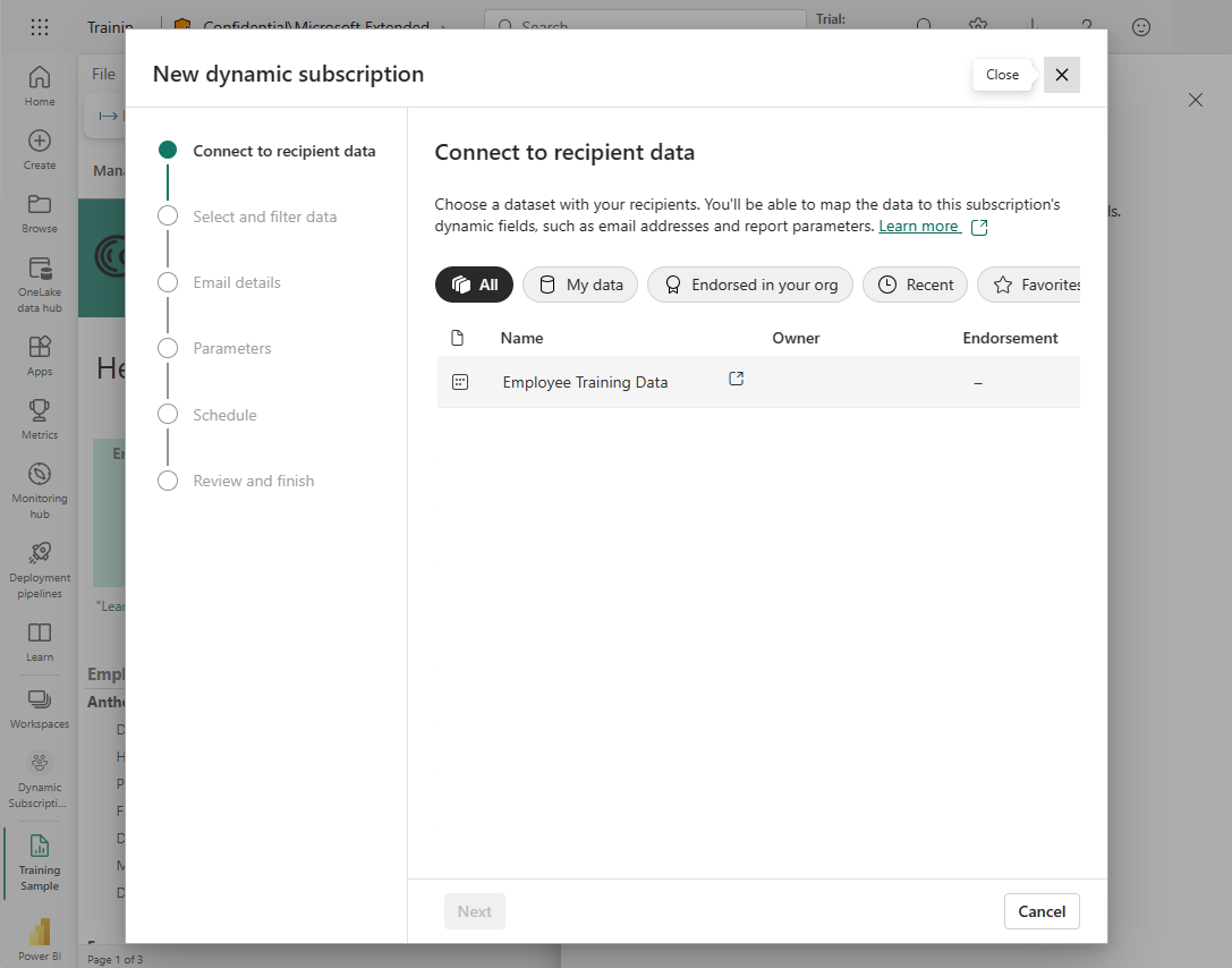 The first step of setting up a dynamic subscription, selecting a Power BI dataset from all datasets which you have permissions to