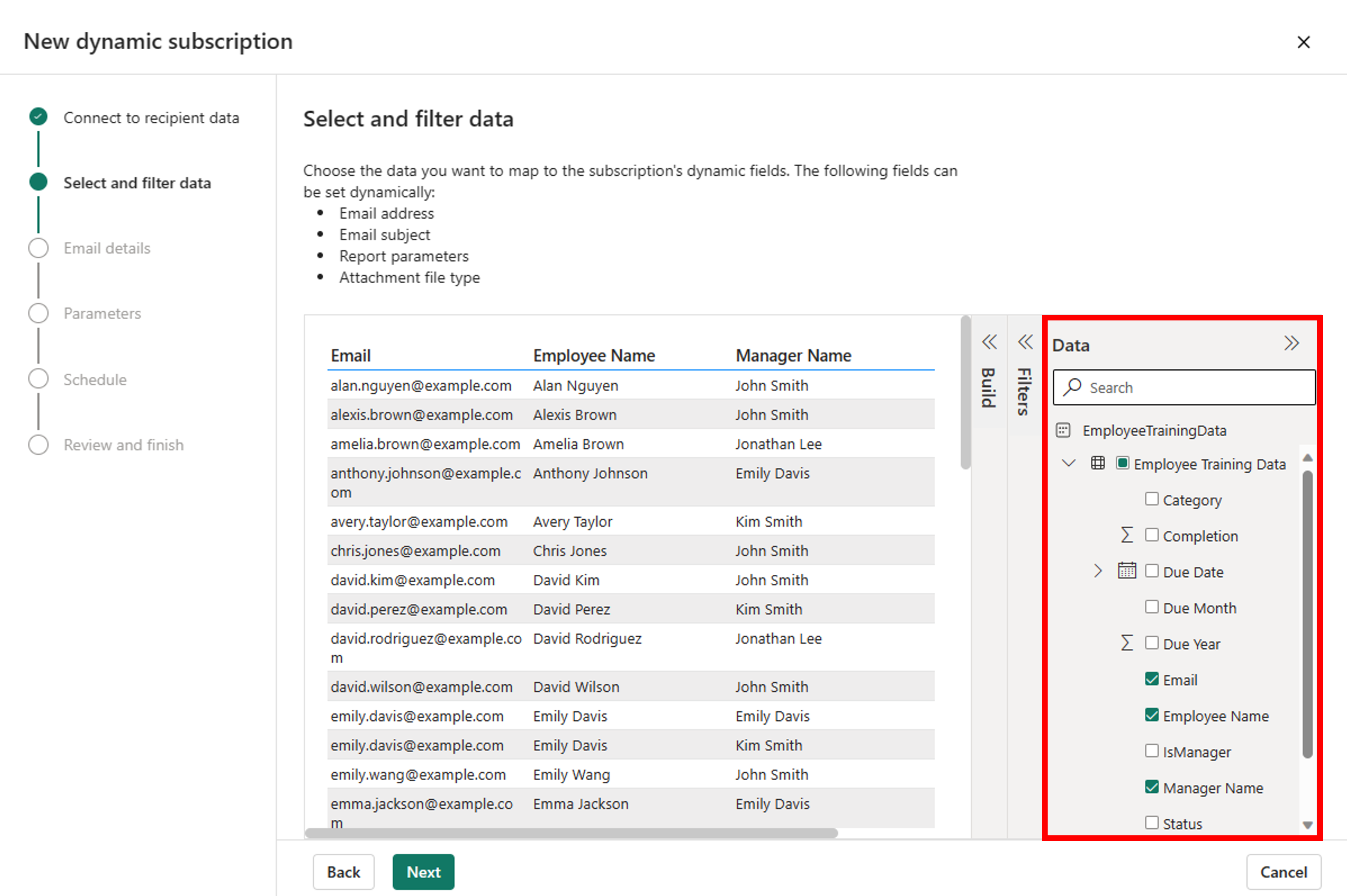 The second step of setting up a dynamic subscription, selecting fields from a Power BI dataset, resulting in a table displaying 3 columns: email, employee name, manager name