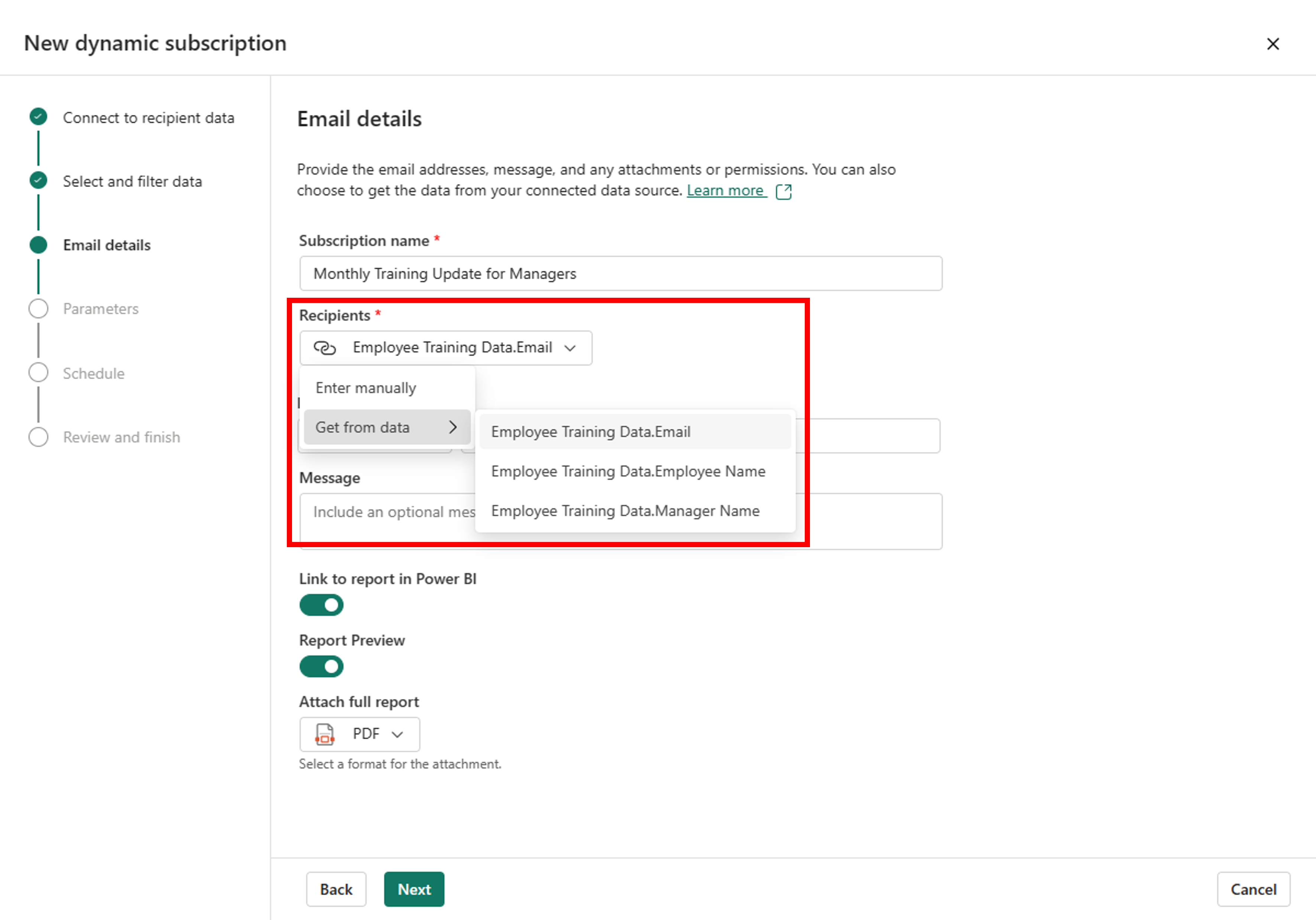 The third step of setting up a dynamic subscription, user can set subscription name, subject, message, option to include link to report, option to include report preview, attachment format, and recipient field mapped to the "email address" column from the Power Bi dataset