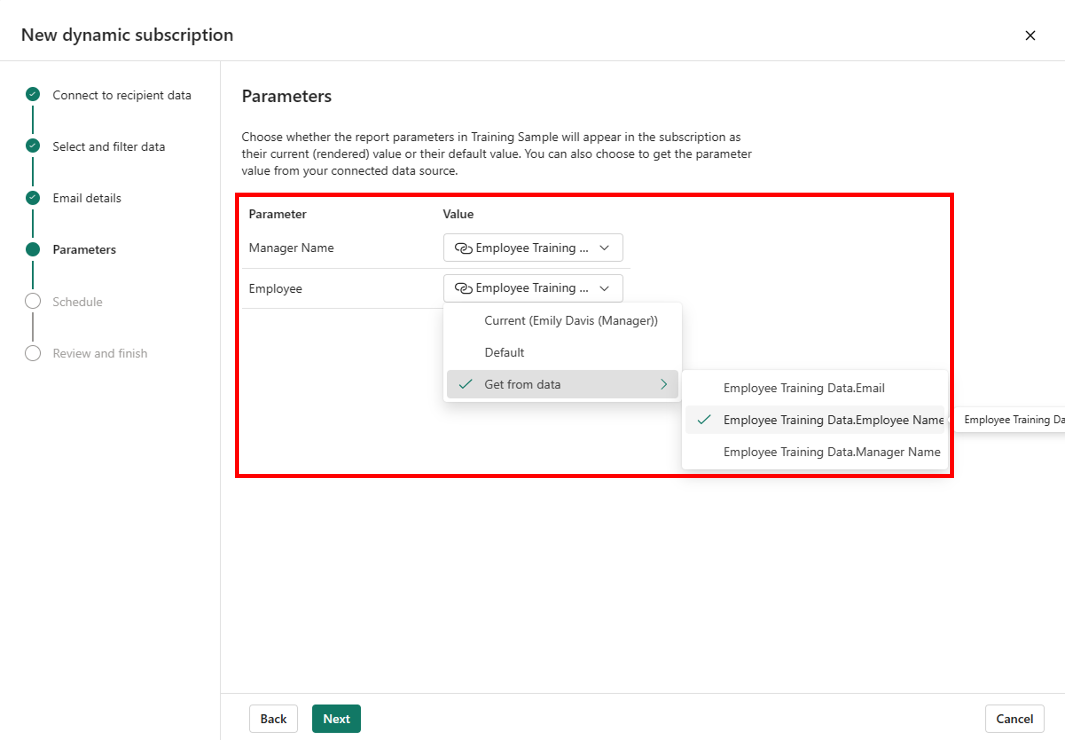 The fourth step of setting up a dynamic subscription, there are two parameters (manage name and employee) that are being mapped to columns in the Power BI dataset