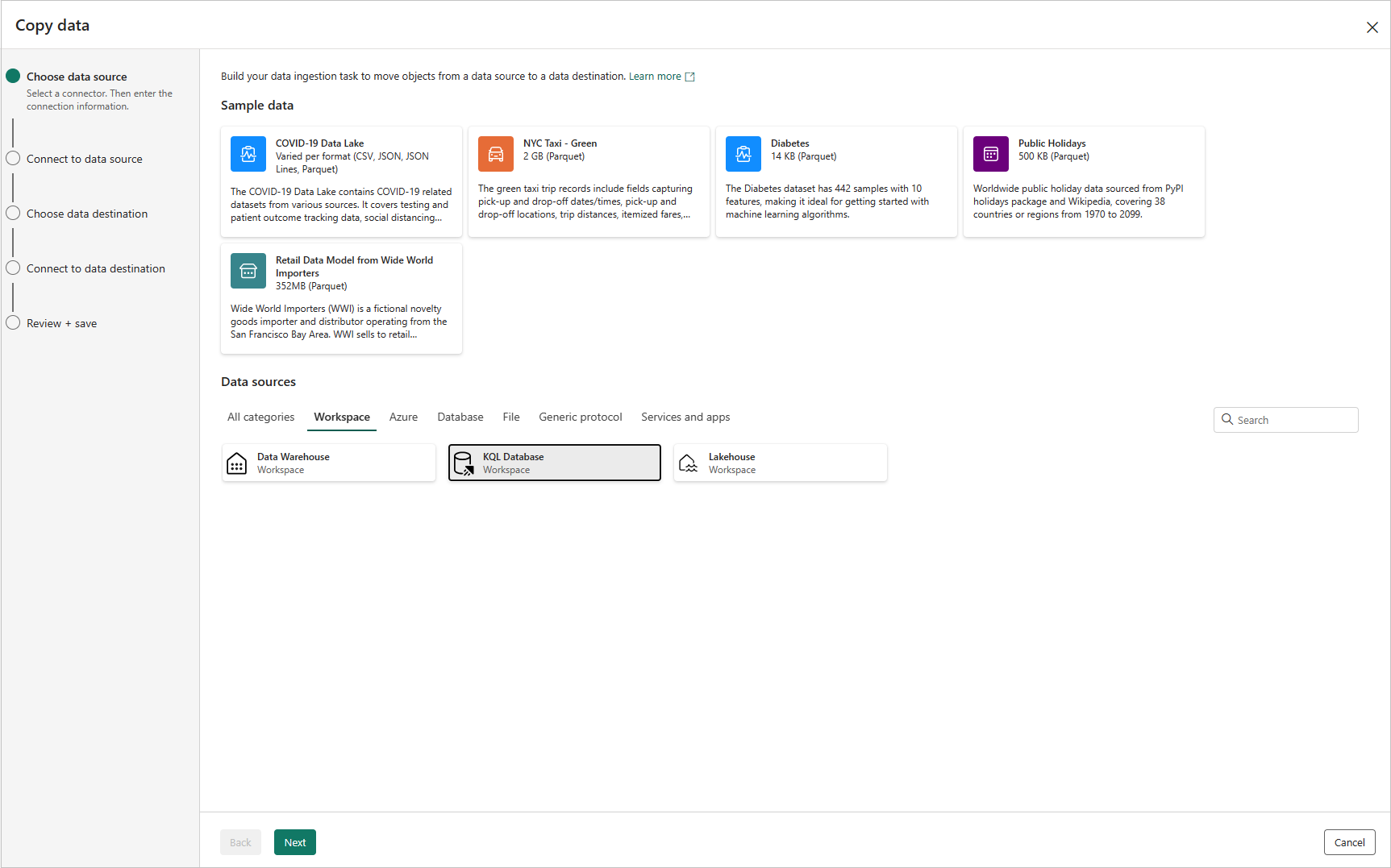 KQL DB as a data source in Data pipeline's Copy Assistant