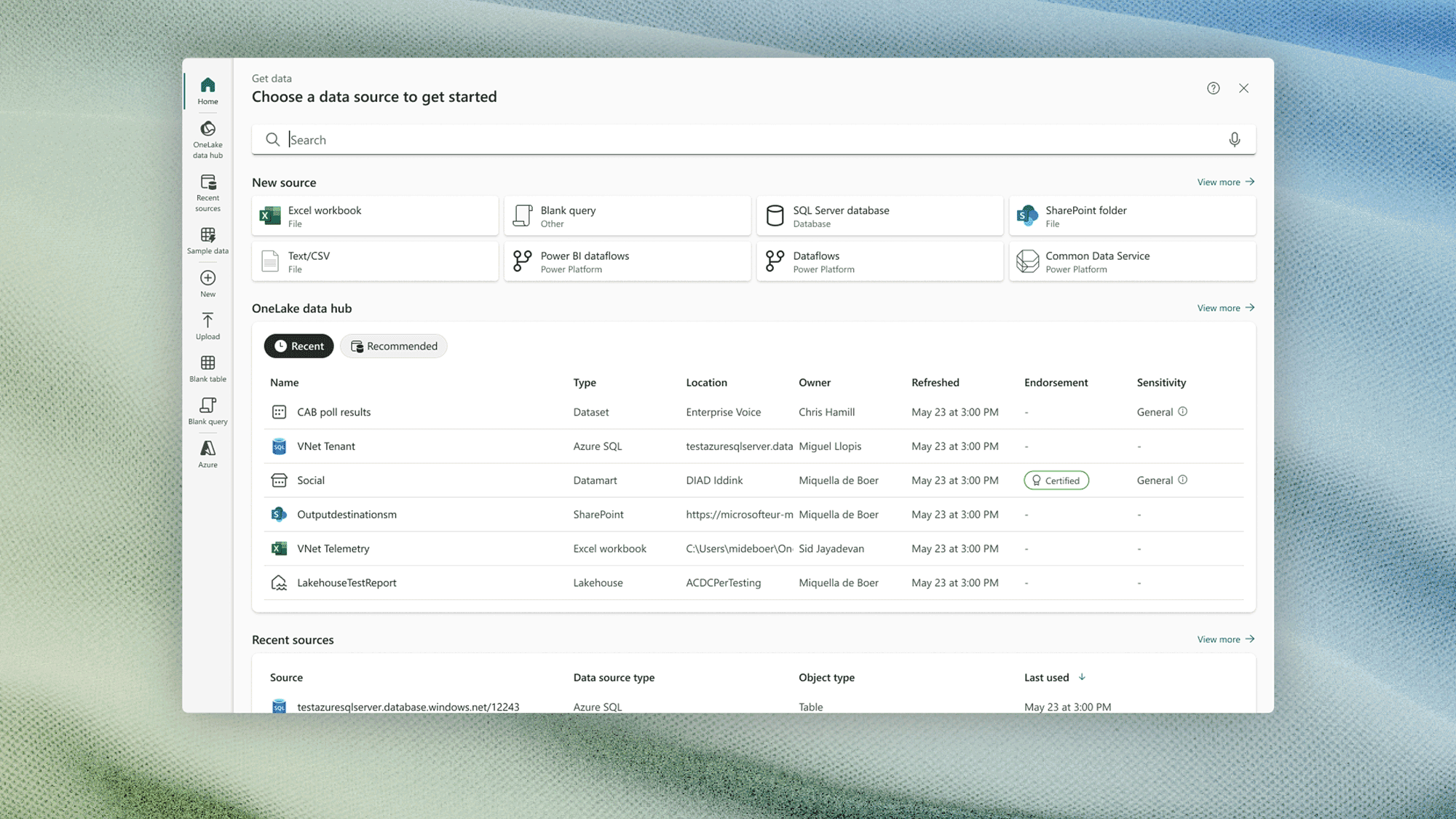 Animated gif of the modernized Get data in Data Factory. Prototype shows the various ways a user can create a new source, find an existing source, upload data, and view local sources.   