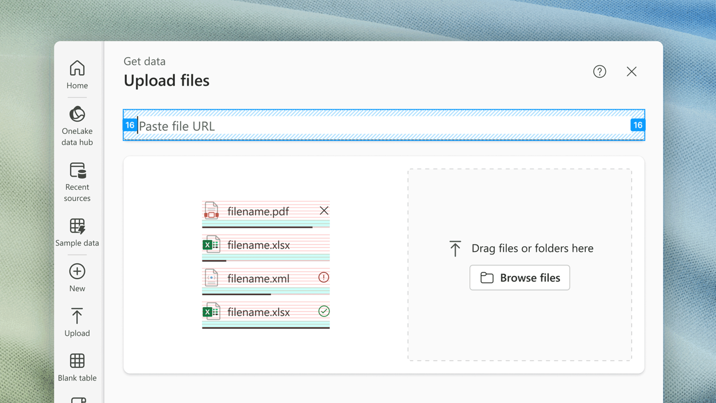 A glimpse into the “science” behind the scenes. Close-up on the Upload files screen in Data Factory, showing the architectural detailing and similarities to Office-style design constructs.