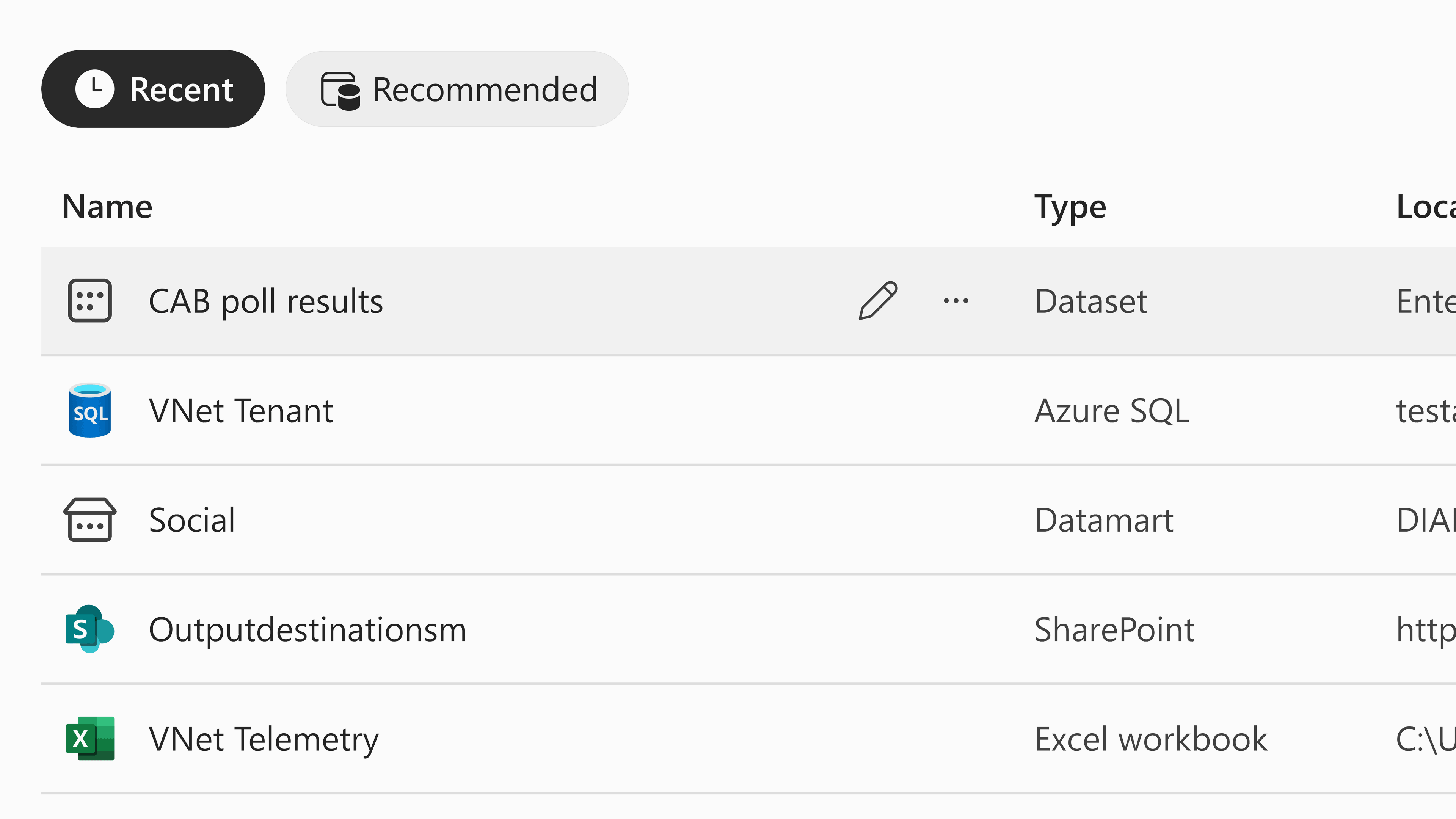 Close-up of the recent data filter in OneLake data hub view. Now a customer can immediately access files they’ve last used without having to make a new connection. 