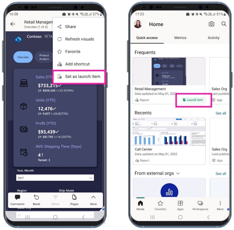Power BI mobile set as launch item