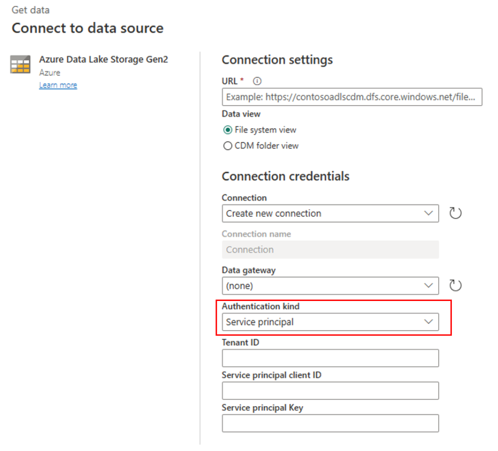 Select service principal as authentication type.