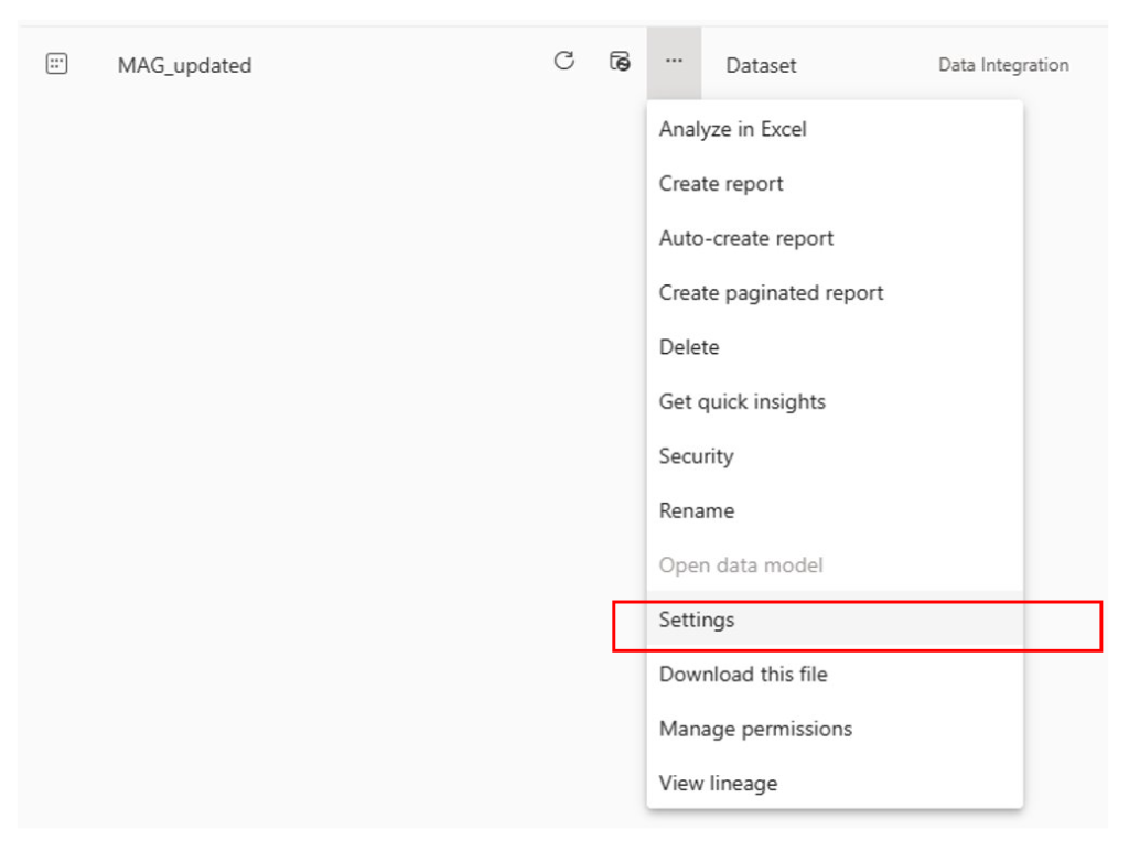 Open dataset settings page