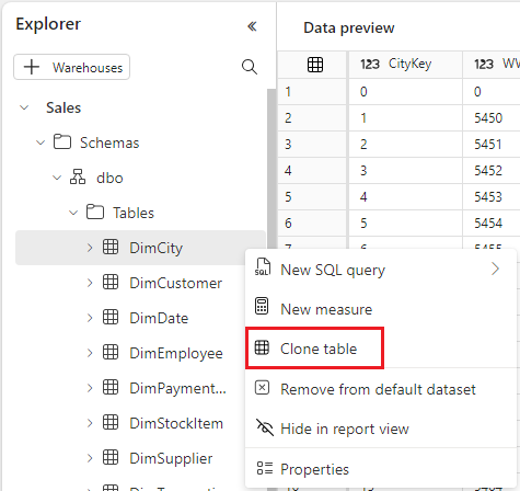 Screenshot showing the entry point for clone table context menu.