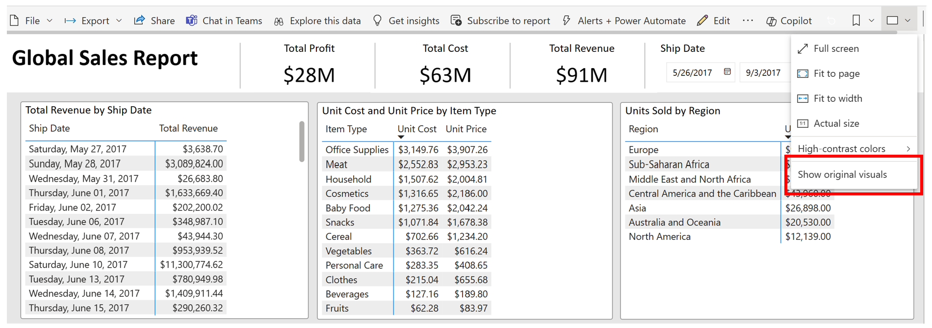 A Power BI report showing tables instead of graphs. The view dropdown menu is open with "Show Original Visuals" highlighted.