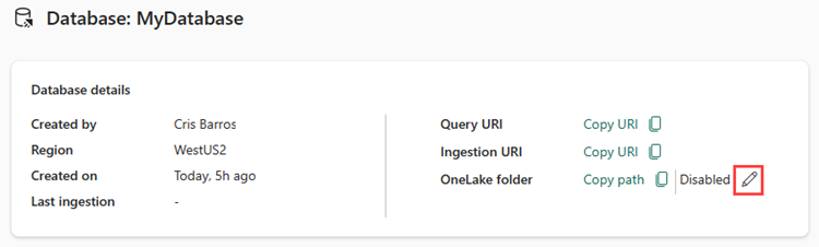 Screenshot of the Database details pane in Real-Time Analytics showing an overview of the database with the edit OneLake folder option highlighted.